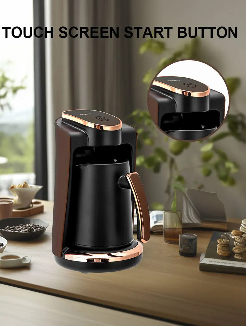 Black and rose gold Turkish coffee maker with a touch screen start button, modern compact design on a wooden table.