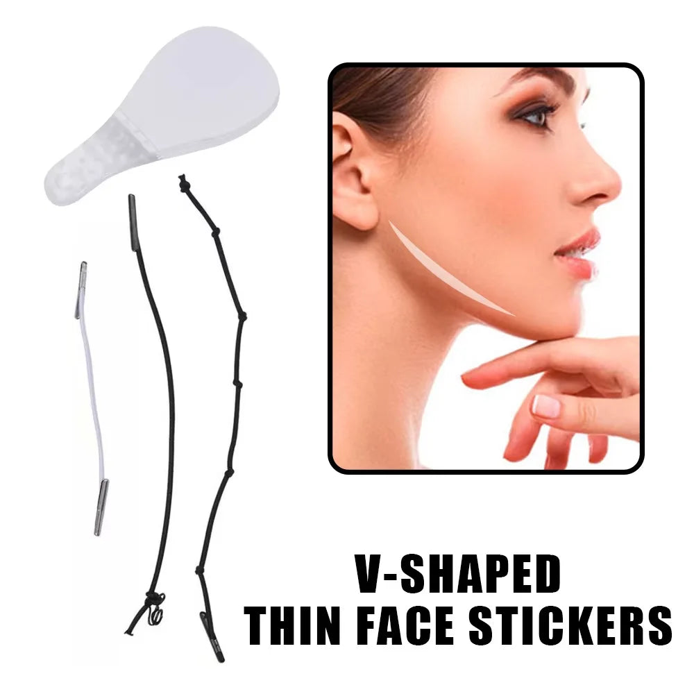 V-shaped face lift stickers shown next to a profile view of a woman and black and white elastic attachment bands.