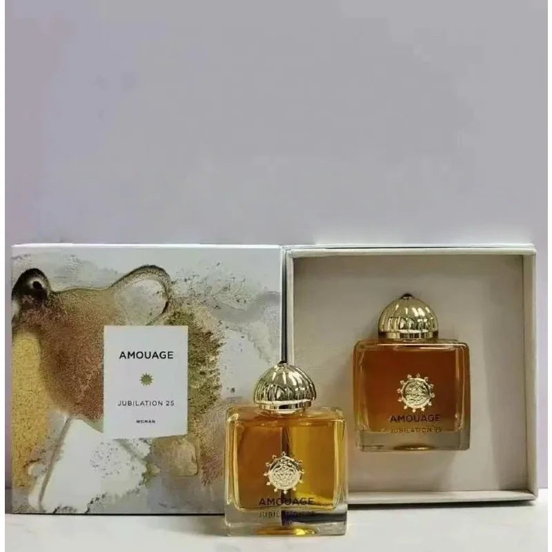 Amouage Jubilation 25 EDP, luxury women's Arabian perfume in square gold-capped glass bottles with boxed gift set.