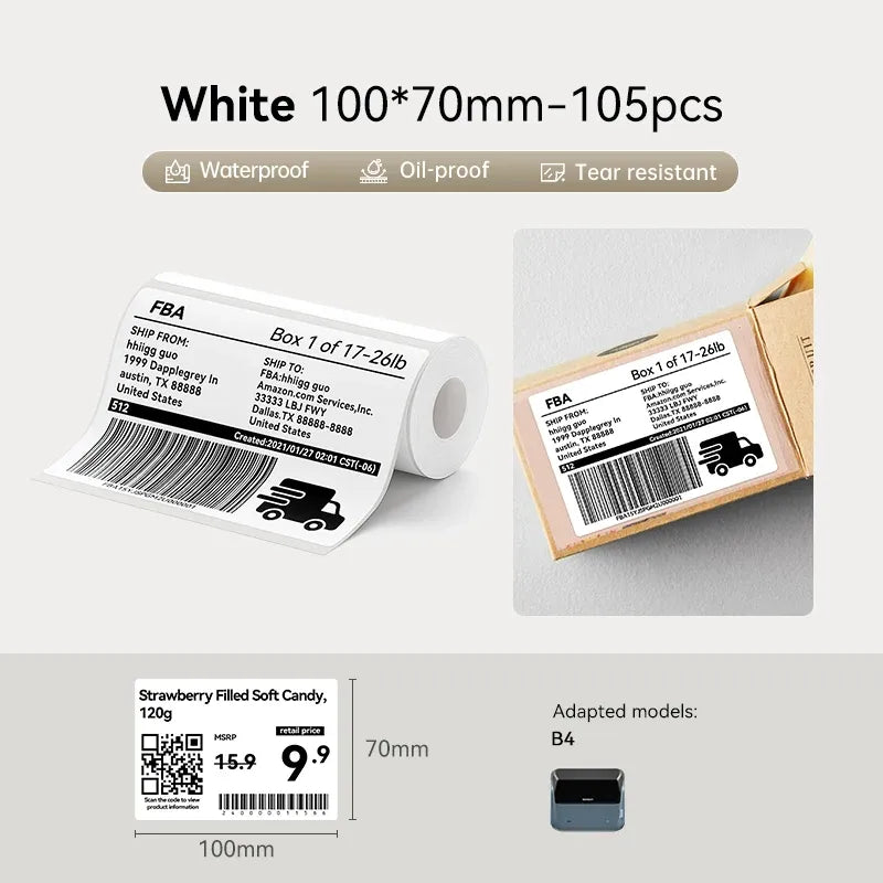 White 100x70mm label stickers on roll, 105 pcs, waterproof and tear resistant