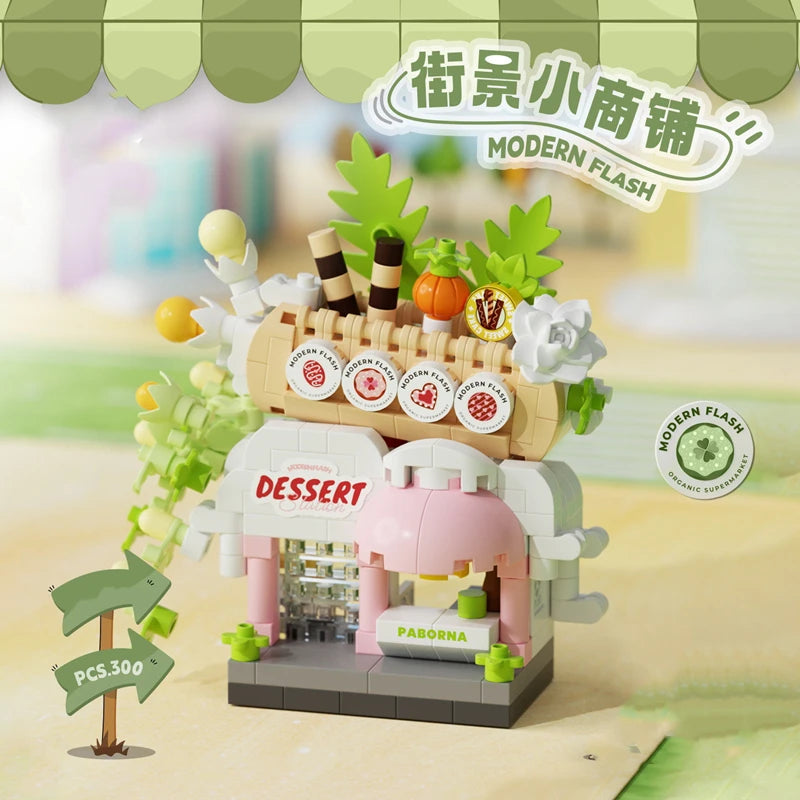 Miniature Modern Flash dessert store building block set, 300-piece plastic toy for creative kids' construction play.