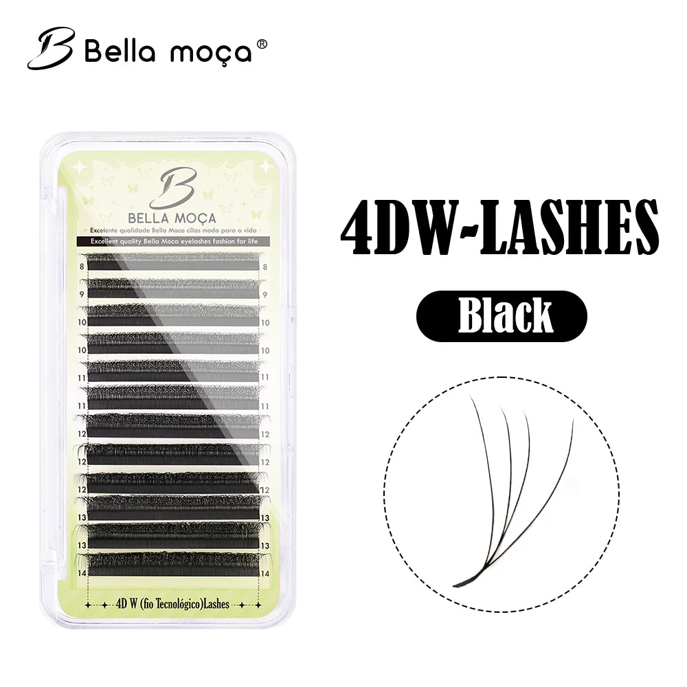 Tray of black 4D volume lash extensions with 8mm-14mm lengths, shown with a detailed four-strand lash fan graphic.