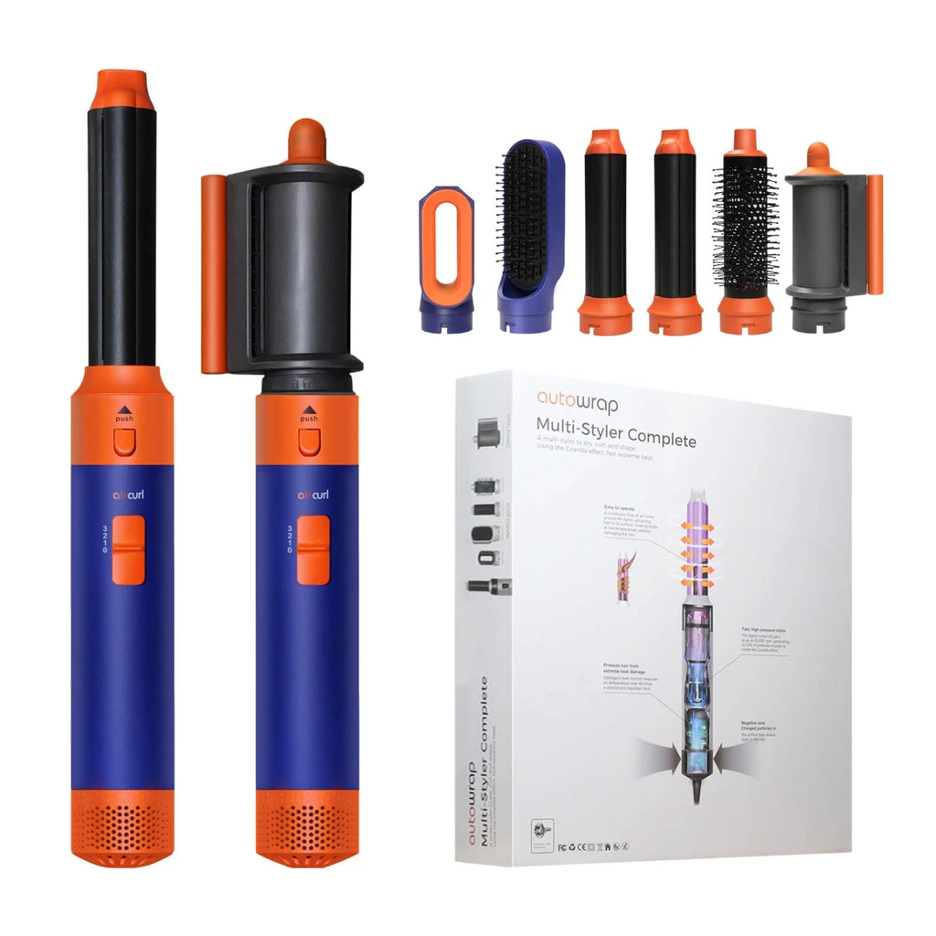 6-in-1 multi-styler hair dryer set in blue and orange with curling iron, straightener, and brush attachments.