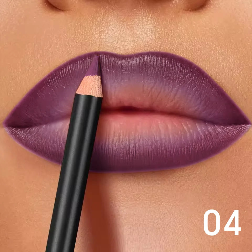 Waterproof matte lip liner in a deep purple shade applied to lips for a smooth, long-lasting, non-transfer finish.