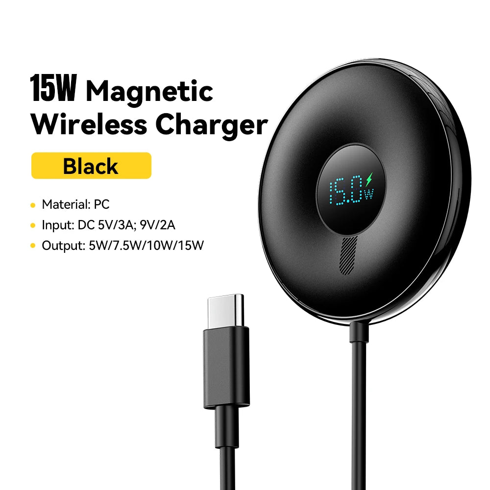 Magnetic Wireless Charger 15W with Digital Display - MagSafe Compatible 15W Black CN Tidesmit
