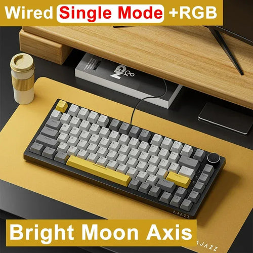 AJAZZ AK820 75% wired mechanical keyboard with grey-and-yellow keycaps, 82 keys, and a metal volume knob.