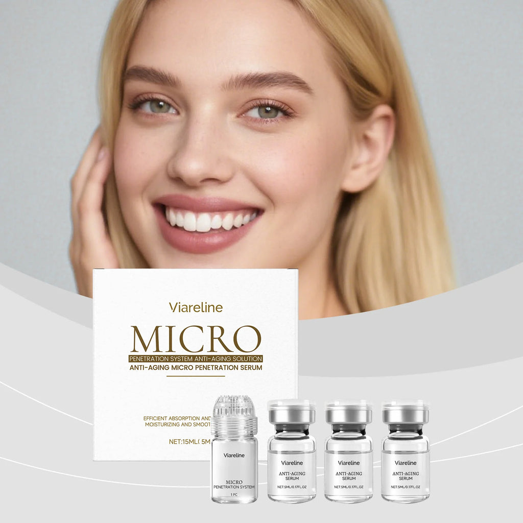 Viareline anti-aging serum set including a white product box and four small glass vials with silver caps.