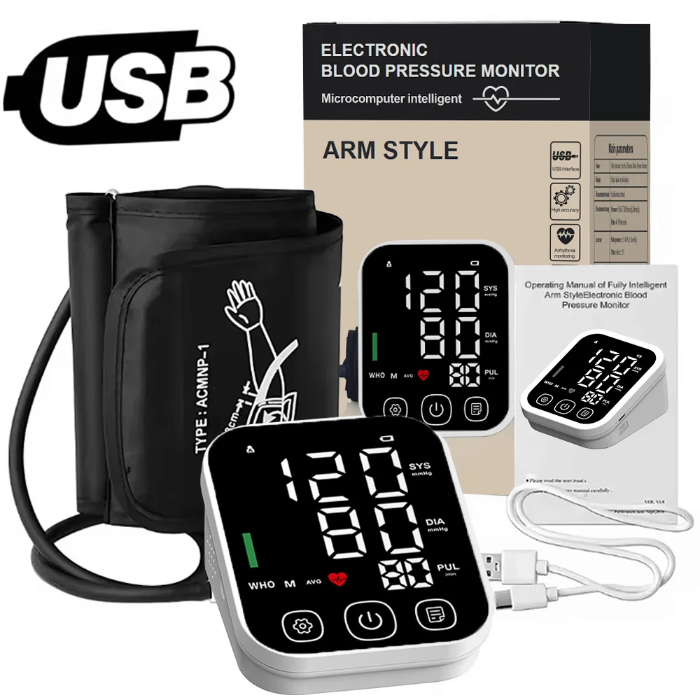 Medical Tonometer Upper Arm Automatic BP Cuff Machine LED Display Digital Tensiometer Heart Rate Monitor Blood Pressure Monitor