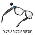 Black smart glasses with built-in cameras in the frames for recording, shown with clear and photochromic lens options.
