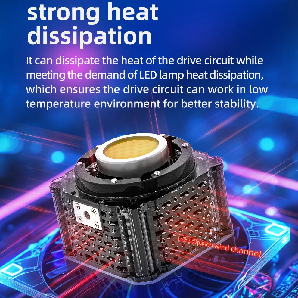 Square LED heat sink with a yellow light module, featuring a perforated black metal casing for cooling.