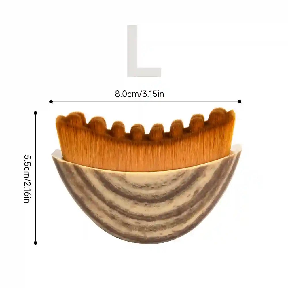 Curved lymphatic face contour brush with brown bristles, marbled beige handle, and size dimension labels.