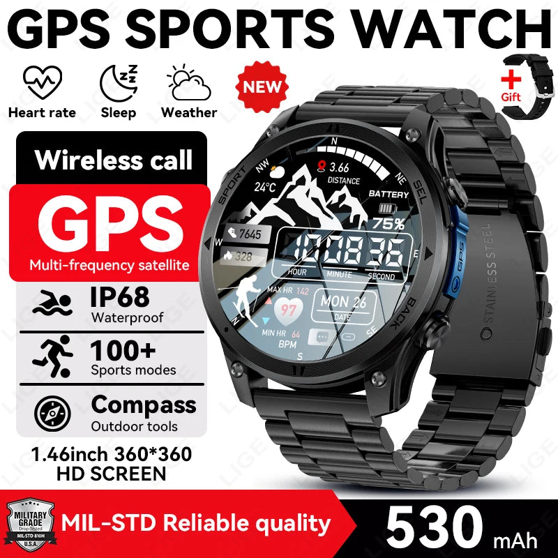 LIGE 2026 New GPS Path Smart Watch 530mAh Battery IP68 Waterproof Sports Run Tracker BT Call Outdoor Compass Military Smartwatch