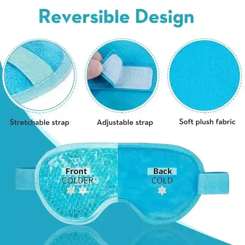 Blue gel eye mask with reversible design, soft plush fabric, and adjustable stretchable strap for hot/cold therapy.