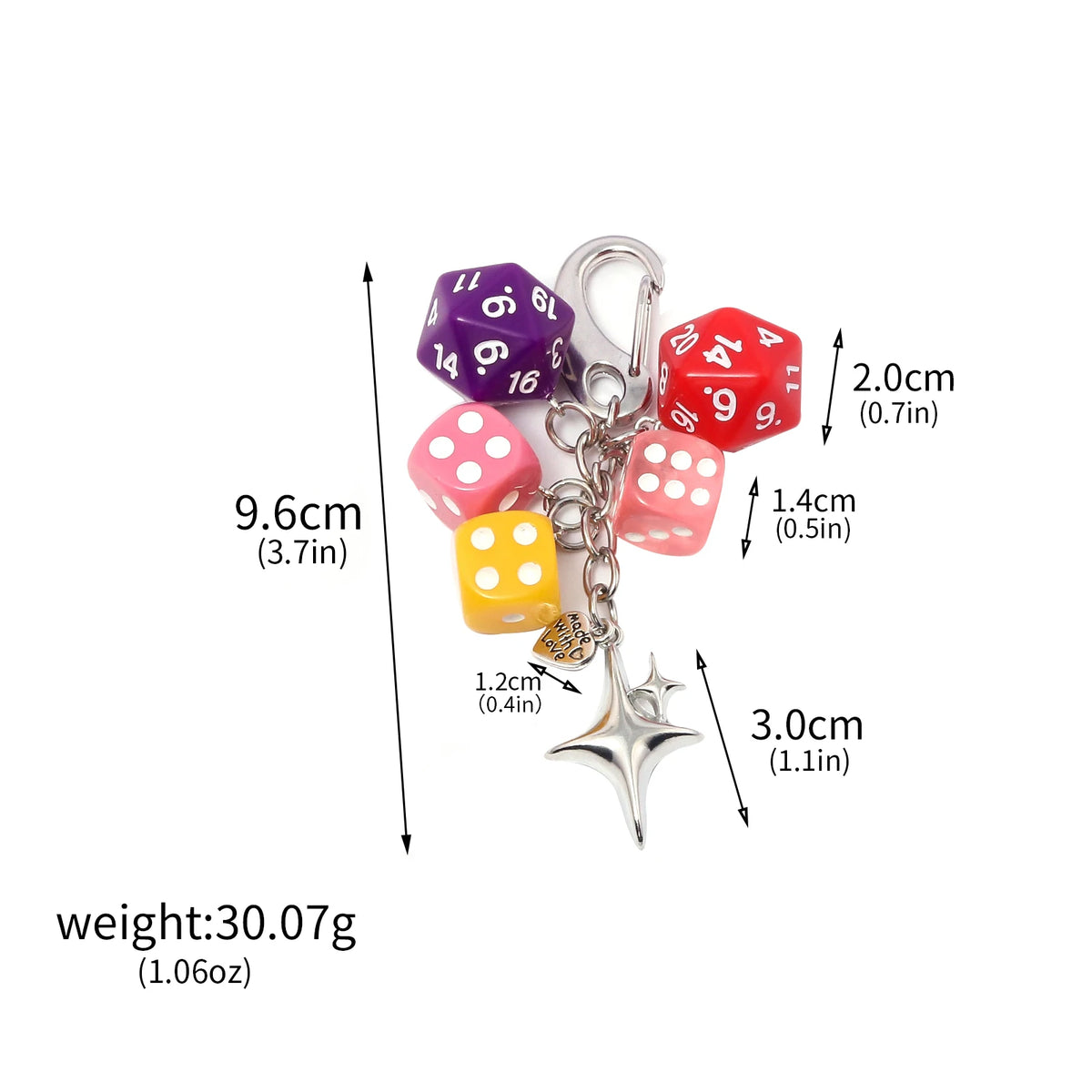 Silver-tone keychain with colorful dice charms, black 8-ball, and starburst pendant, keyring