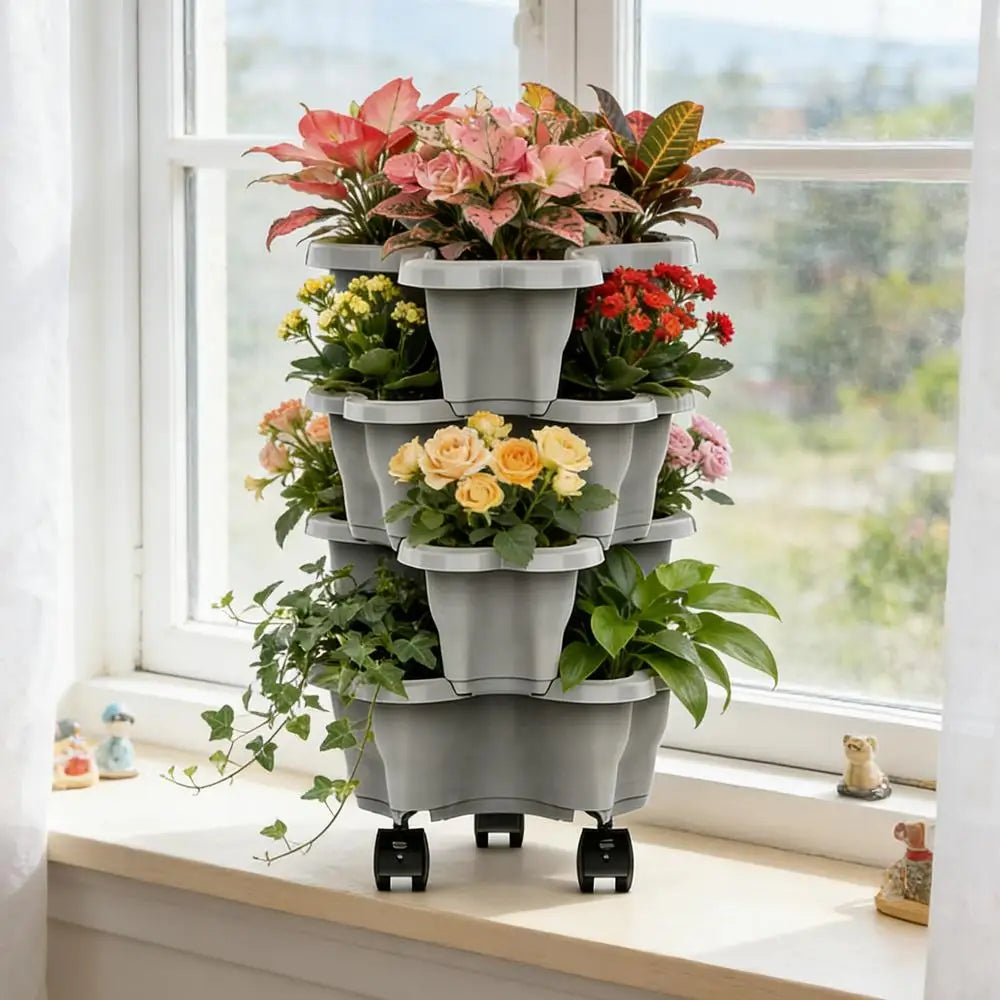 Stackable Vertical Planter 4/5-Tier with Wheels Weatherproof Plastic Flower Pot Garden Towers for Vegetable Strawberry Planter