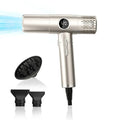Champagne gold high-speed hair dryer with LCD display, brushless motor, diffuser, and two concentrator nozzles.