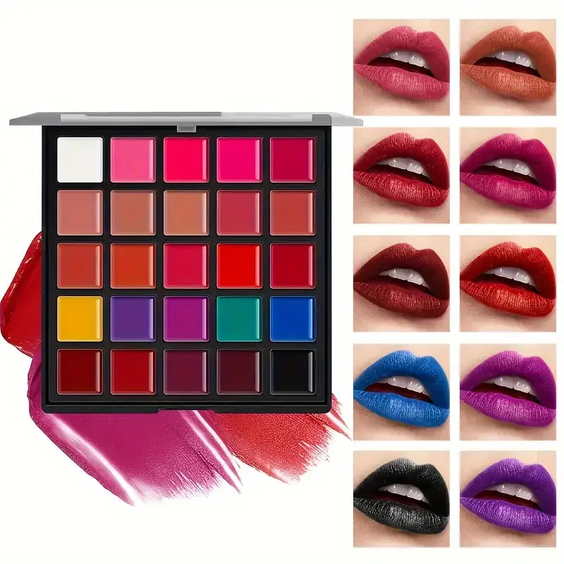 25-color waterproof lipstick palette featuring long-lasting, smudge-proof cream lip colors in a professional makeup case.