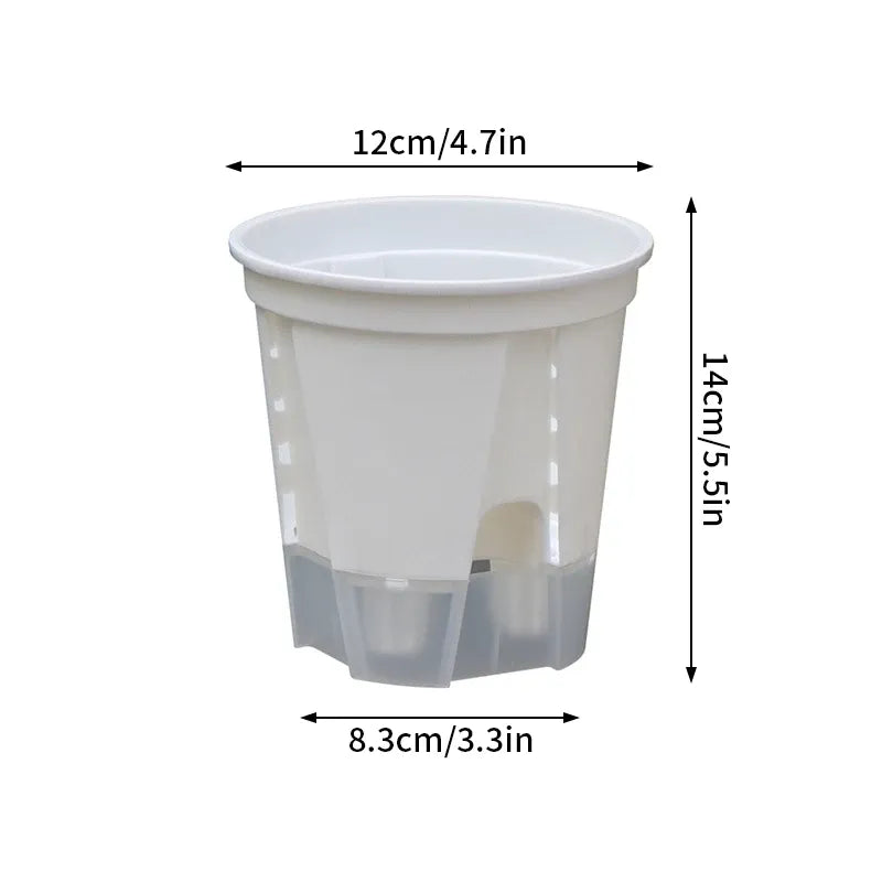 Self-watering flower pot, clear double-layer plastic with round drainage inserts