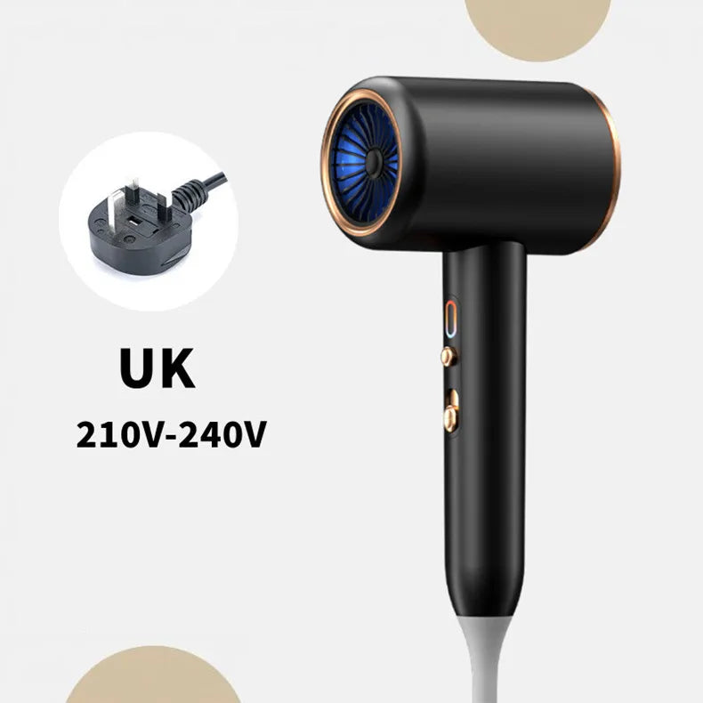 2400W high-speed black hair dryer with blue light, negative ion technology, and UK plug for home or salon use.