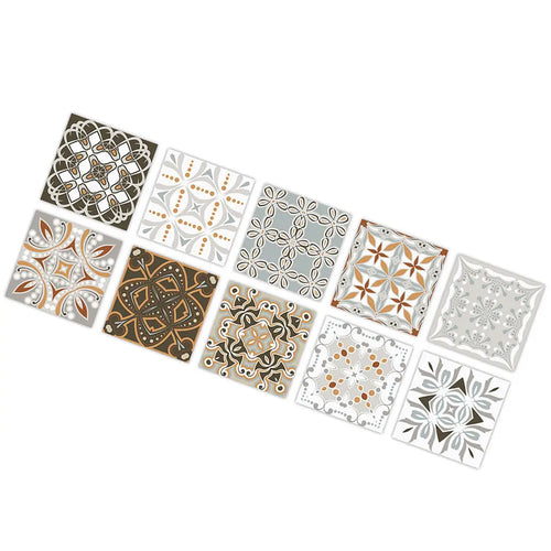 PVC peel-and-stick kitchen tile sheet with mixed Moroccan-style white and brown designs