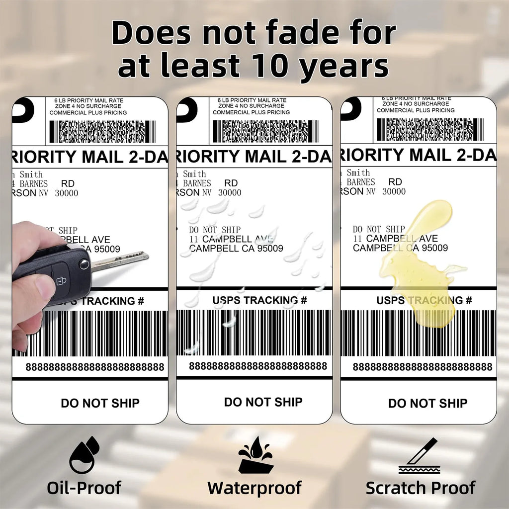 Set of shipping labels with oil-proof, waterproof, and scratch-proof icons