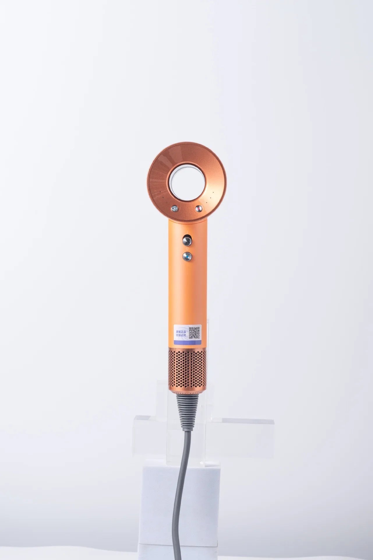 Metallic orange high-speed ionic hair dryer with brushless motor, low noise design, and multi-speed control settings.