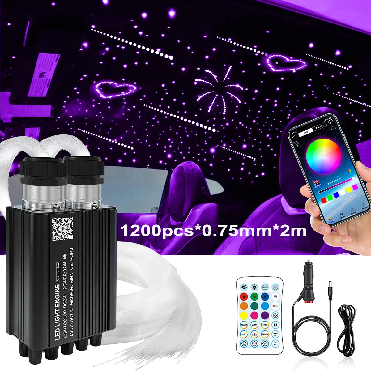 Fiber optic star light kit with 1200pcs 0.75mm 2m strands, LED engine, phone remote