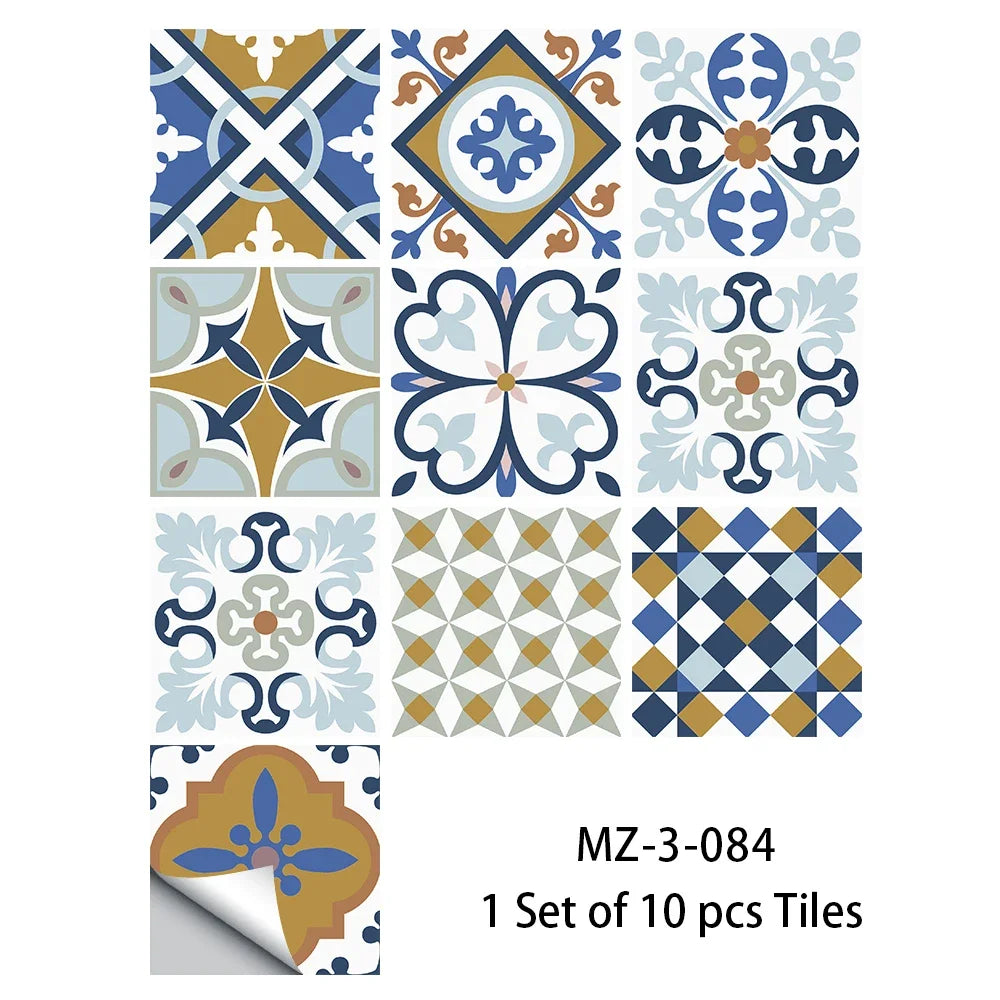 Waterproof non-slip tile floor sticker set with blue and gold floral and star patterns