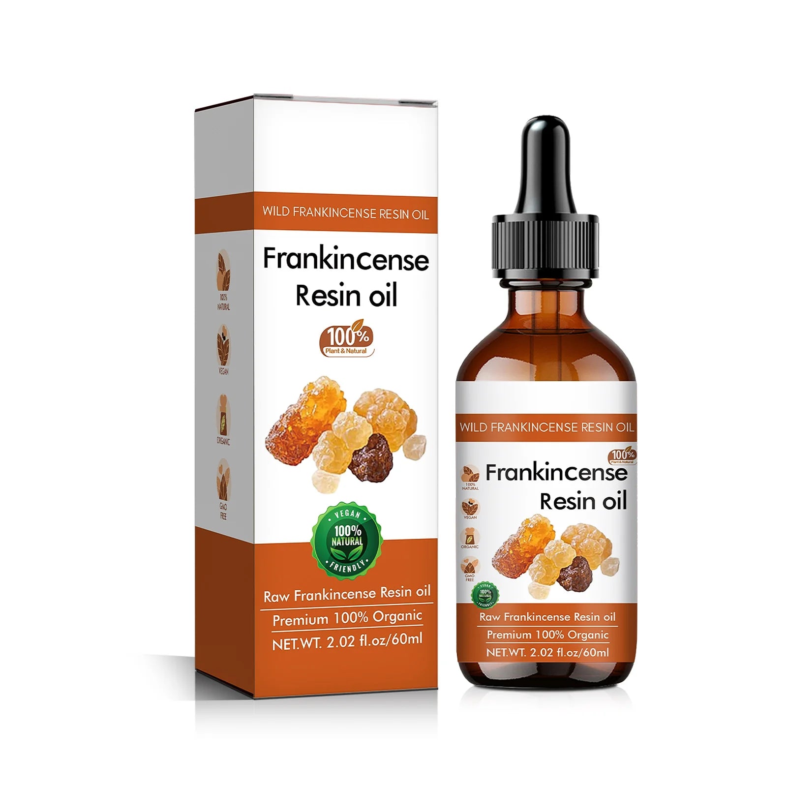 Frankincense resin face oil dropper bottle with box, amber glass