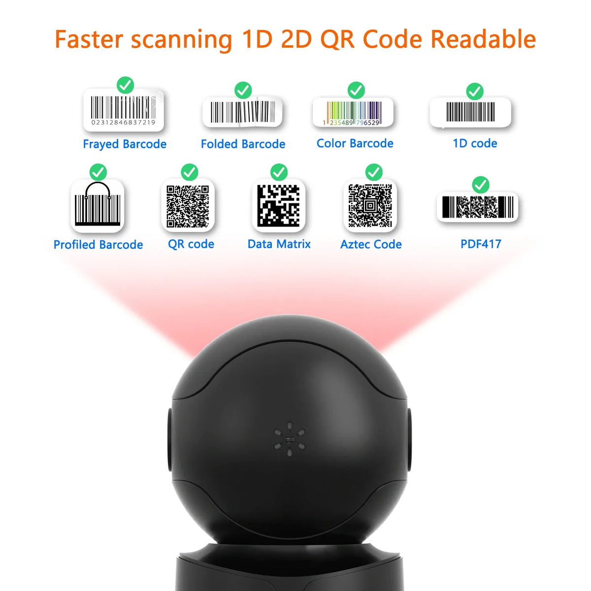 Black omnidirectional barcode scanner head and base with red scan illumination