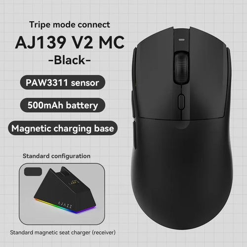 Black AJAZZ AJ139 V2 MC gaming mouse with side buttons, scroll wheel, and an RGB magnetic charging base.