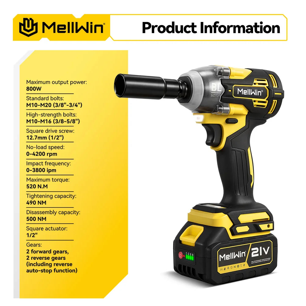 MELLWIN 520N·m Brushless 3IN1 Electric Impact Wrench Cordless Electric Drill Screwdrive Power Tool Set For Makita 18VBattery Pin