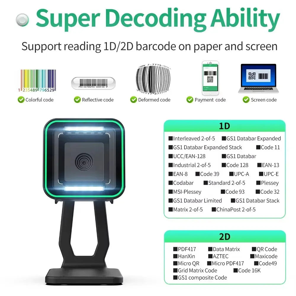 Front view of black desktop barcode scanner with green ring and illuminated scanning window