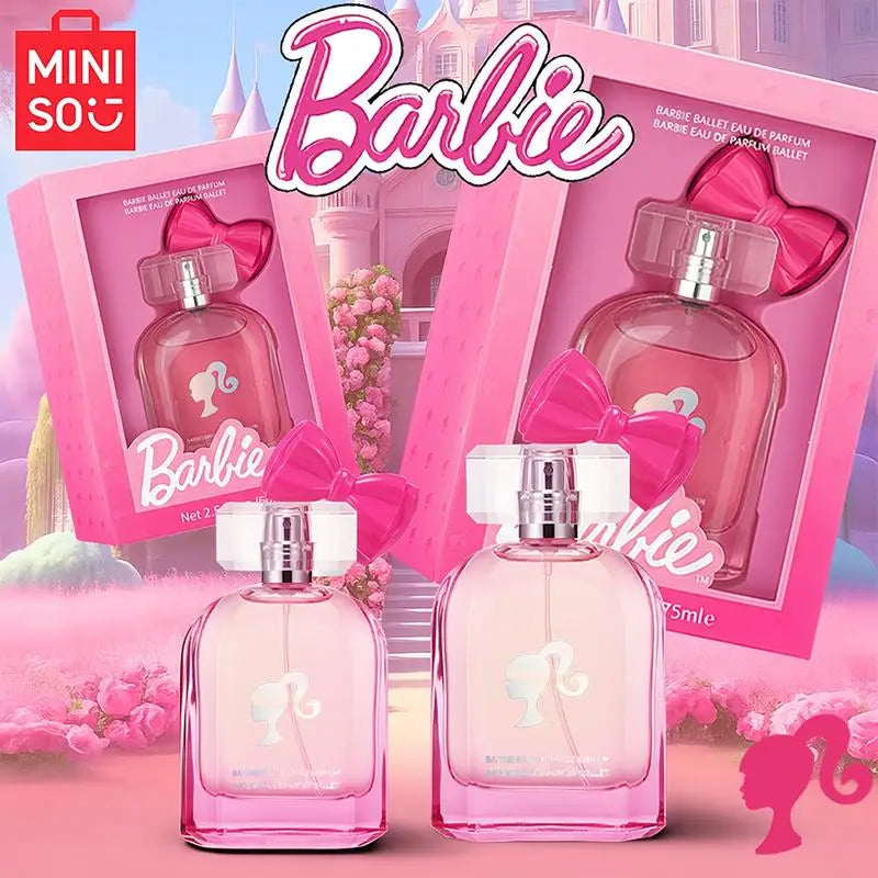MINISO Barbie Ballet EDP: Floral fruity women's perfume in a square pink bow-adorned glass bottle. Gift for girls.