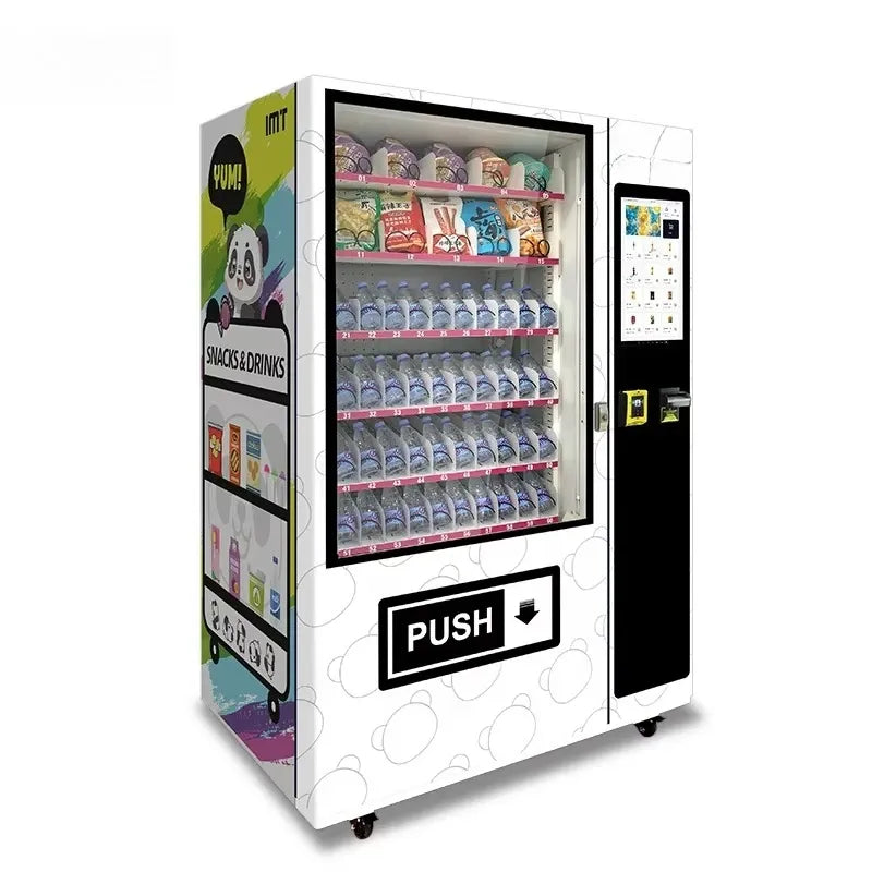 Side view vending machine with display window, touch screen, and push dispensing label