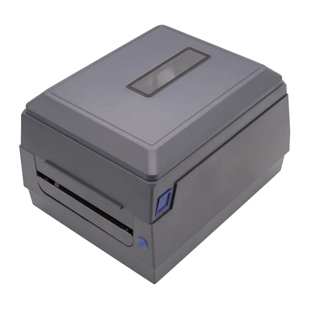 Gray desktop barcode label printer 3/4 view with blue power button
