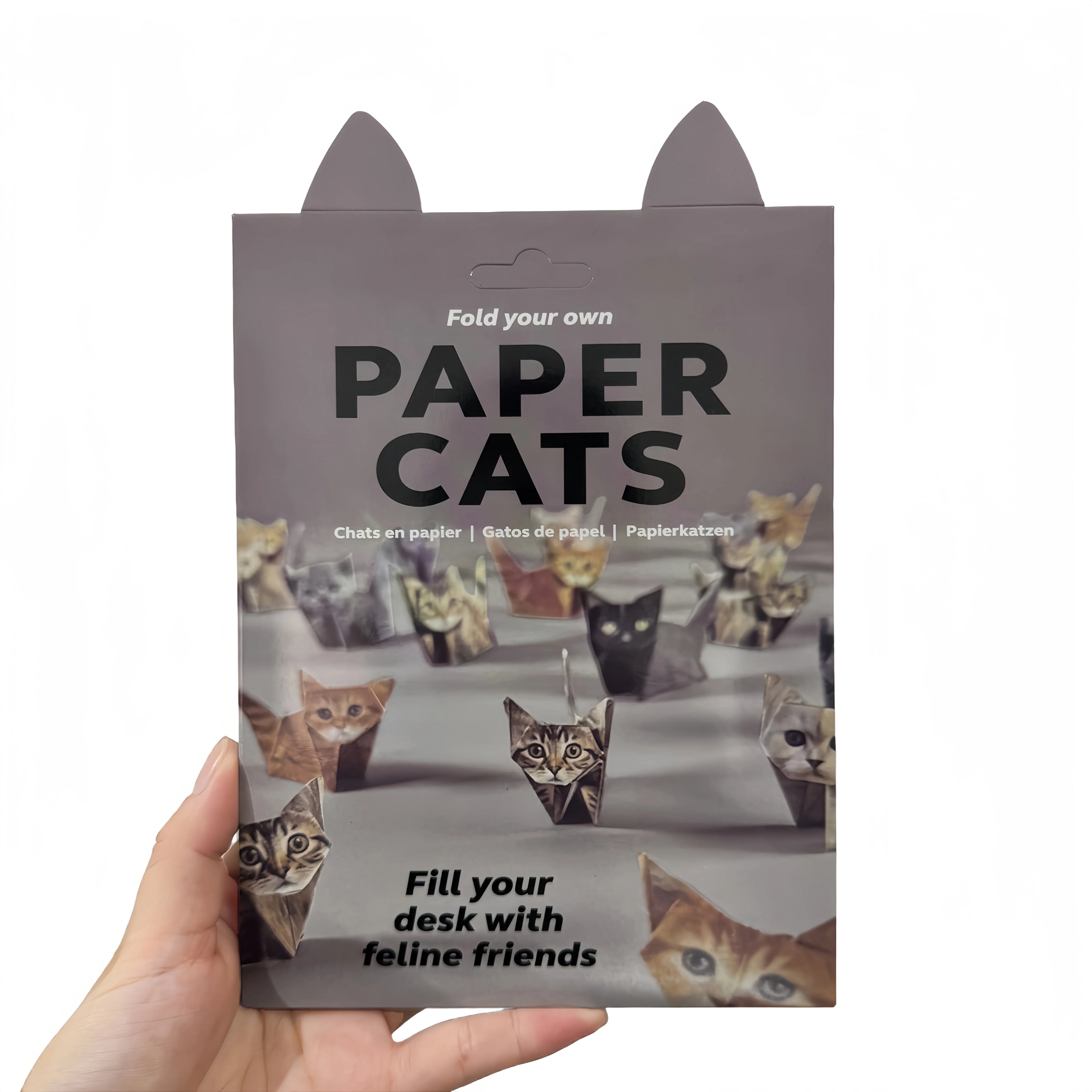 Paper Cats origami kit for cat lovers to fold handmade paper kitten home decor figures on a gray background.