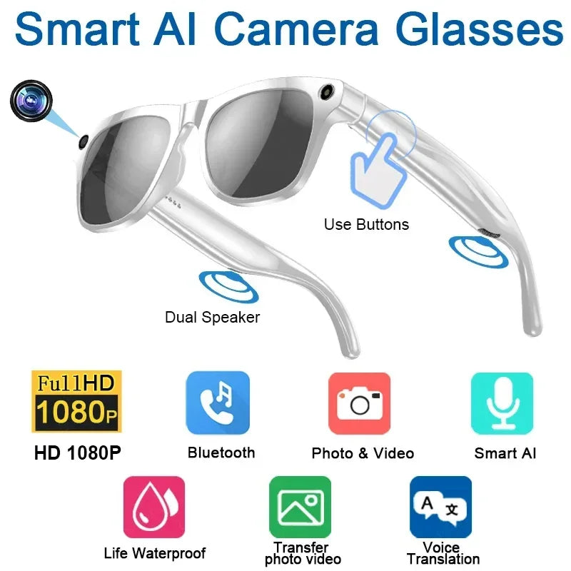 AI Smart Glasses with 8K Camera & Bluetooth Audio - Tidesmit White Tidesmit