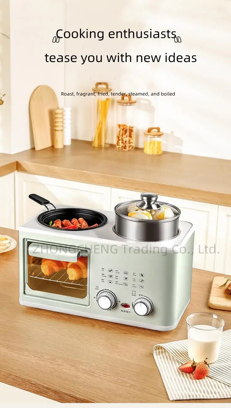 Mini 4-in-1 breakfast oven with light green body, open glass door, black pan and steamer pot.