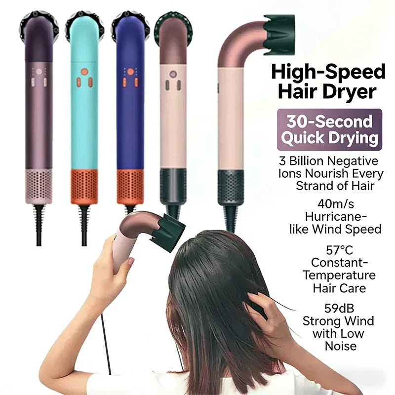 Multi-color high-speed curved hair dryer with styling attachment for 30-second professional quick drying and care.