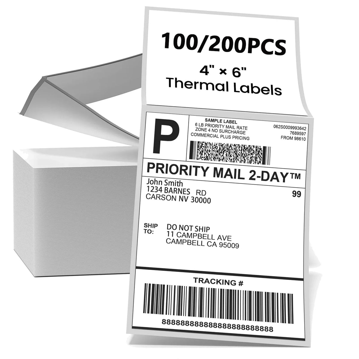 4x6 thermal shipping labels with barcodes, tracking number, and Priority Mail text
