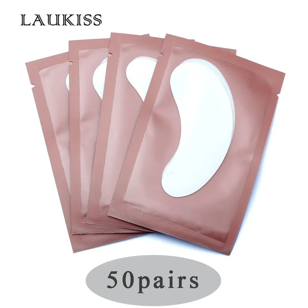 Laukiss gel under-eye patches for eyelash extensions in mauve foil packaging, smooth texture, 50 pairs bulk set.