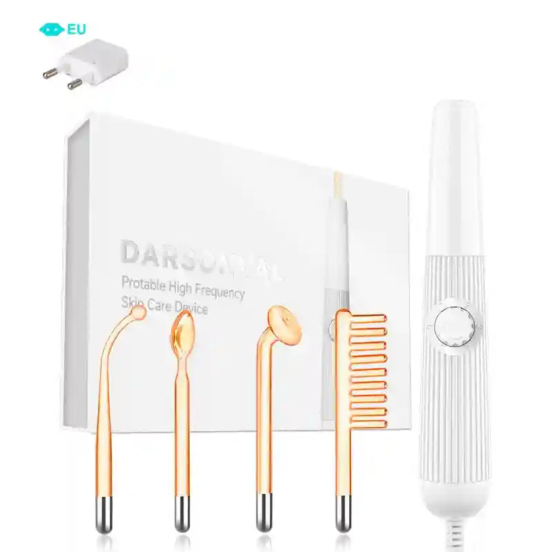 Darsonval high-frequency facial wand with white handle and four different orange glass electrode attachments.