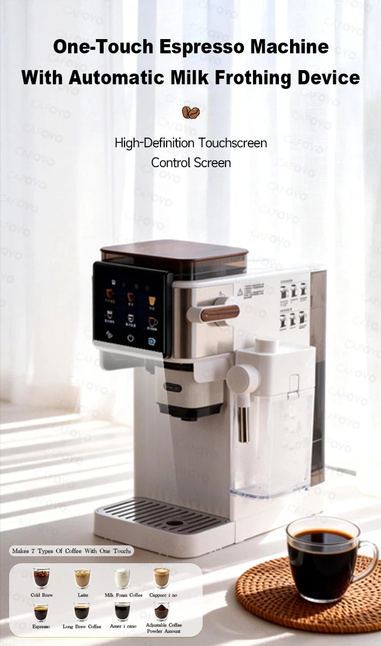 Cafovo white one-touch espresso machine with touchscreen, automatic milk frother, and wood-accented hopper lid.