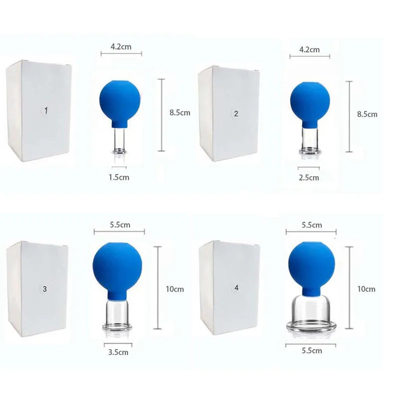 Four blue rubber and glass facial cupping tools of varying sizes, labeled 1 to 4 with their specific measurements.