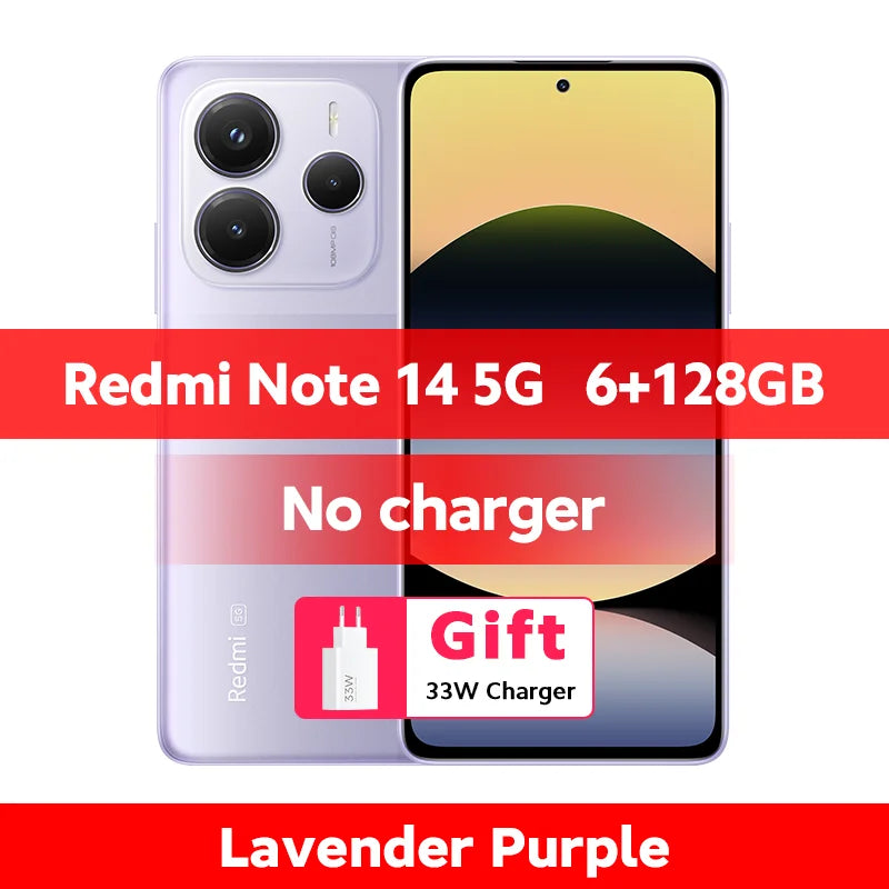 Xiaomi Redmi Note 14 5G Lavender Purple, front and back view, 108MP camera, 128GB storage smartphone.