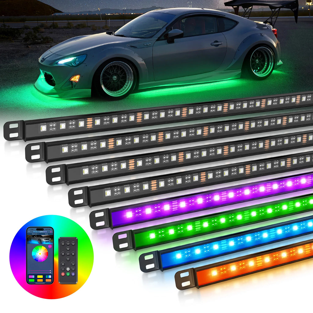 Multi-color LED underglow light strips for cars, controlled by a smartphone app or remote, showing various color modes.
