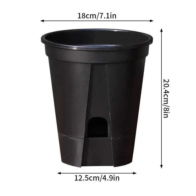 Black round self-watering plant pot with built-in reservoir, size diagram