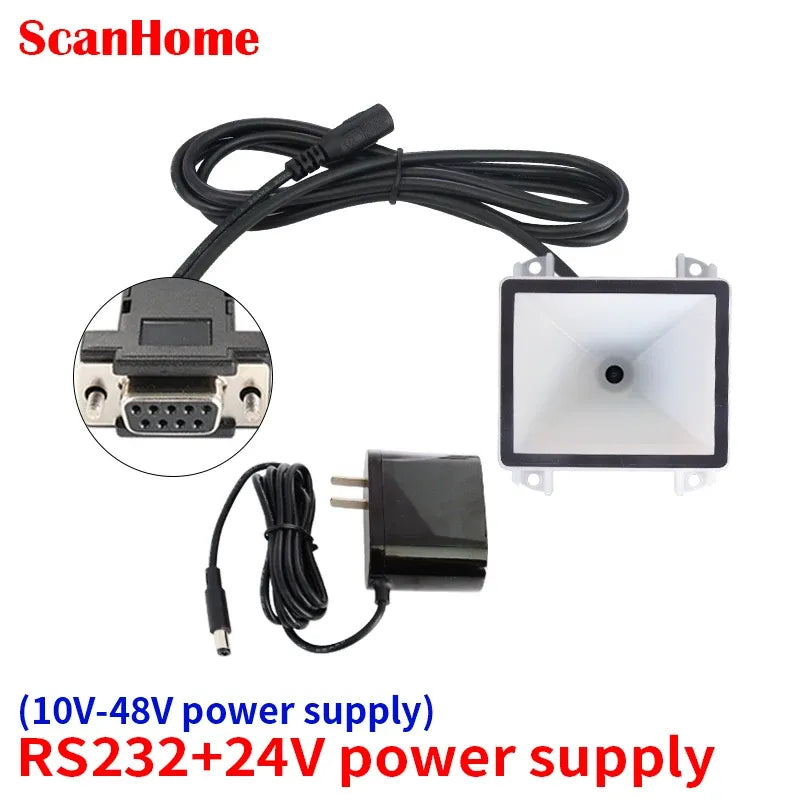 Fixed-mount barcode scanner with RS232 port, power adapter, and cable