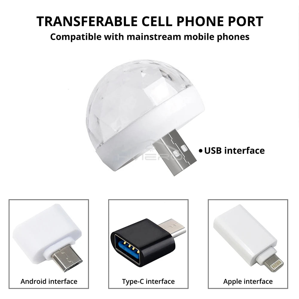 Small disco ball light with a USB connector and three mobile phone adapters for Android, Type-C, and Apple devices.
